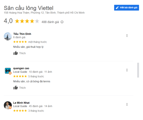 Một số đánh giá tích cực của khách hàng về sân Viettel trên Google Map