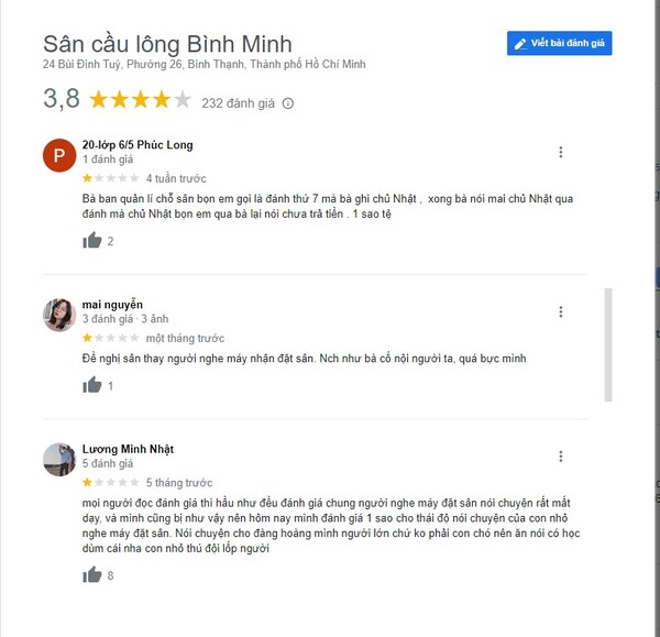 Những phản hồi tiêu cực về thái độ của nhân viên sân cầu lông Bình Minh